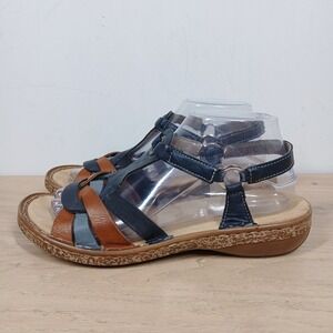 Rieker Sandals Womens 8.5 Blue Brown Leather Strappy Comfort Walking Flat Casual